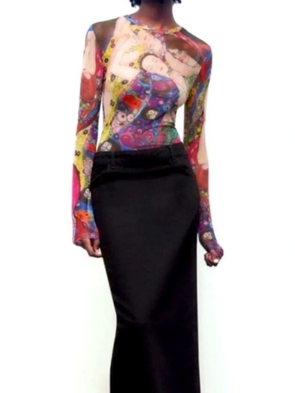 ZARA Art Print The Virgin Gustav Klimt Sheer Mesh Long Sleeve Bodysuit